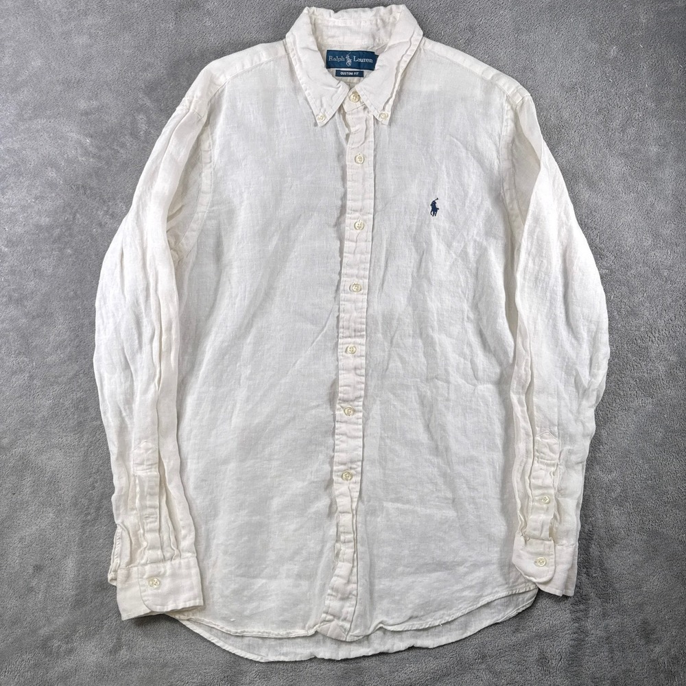Ralph Lauren Button Down Shirt Mens L White Linen Custom Fit Long Sleeve